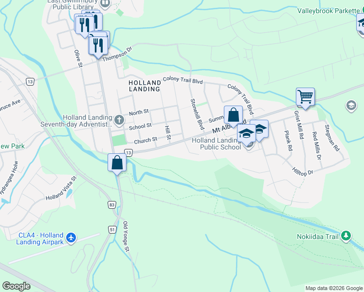 map of restaurants, bars, coffee shops, grocery stores, and more near 3 Earls Court in East Gwillimbury