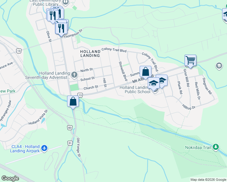 map of restaurants, bars, coffee shops, grocery stores, and more near 3 Earls Court in East Gwillimbury
