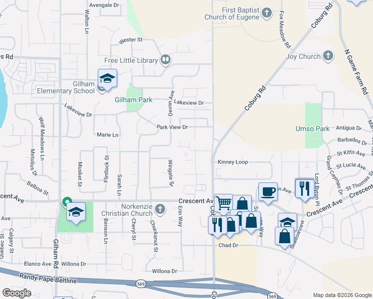map of restaurants, bars, coffee shops, grocery stores, and more near 3034 Guadalupe Way in Eugene