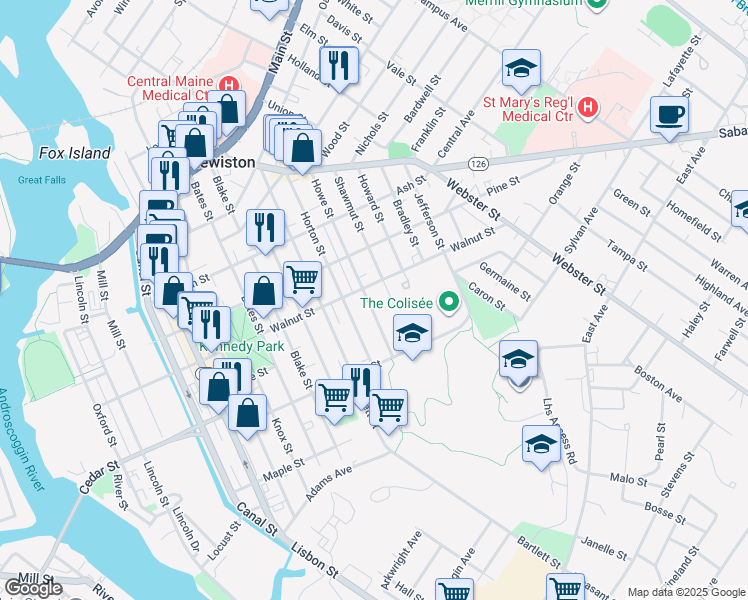map of restaurants, bars, coffee shops, grocery stores, and more near 124 Horton Street in Lewiston