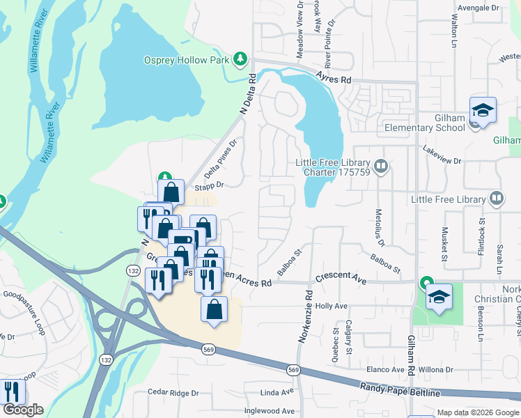 map of restaurants, bars, coffee shops, grocery stores, and more near 1475 Green Acres Road in Eugene