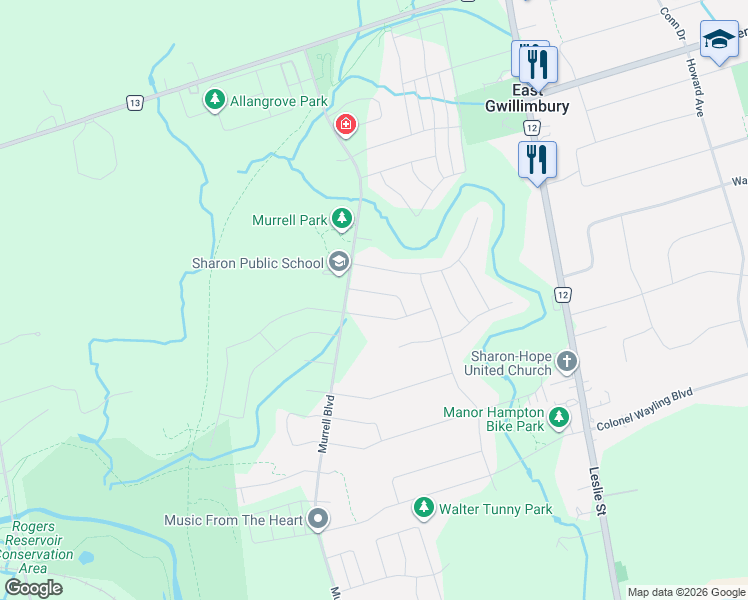 map of restaurants, bars, coffee shops, grocery stores, and more near 18754 Leslie Street in East Gwillimbury