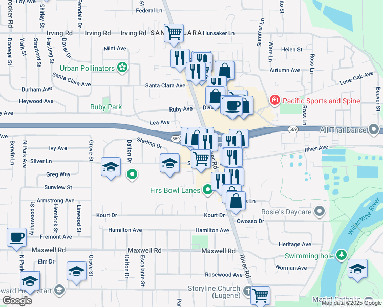 map of restaurants, bars, coffee shops, grocery stores, and more near 135 Silver Lane in Eugene