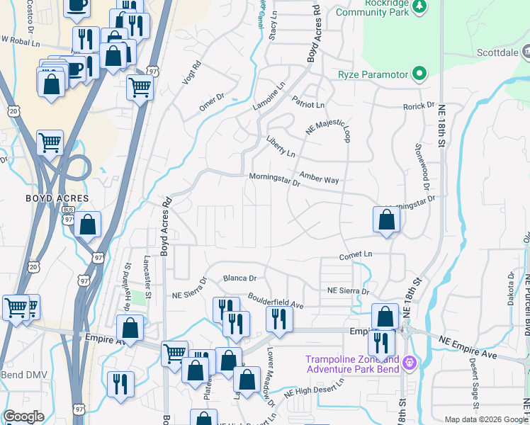 map of restaurants, bars, coffee shops, grocery stores, and more near 20700 Wishing Well Court in Bend