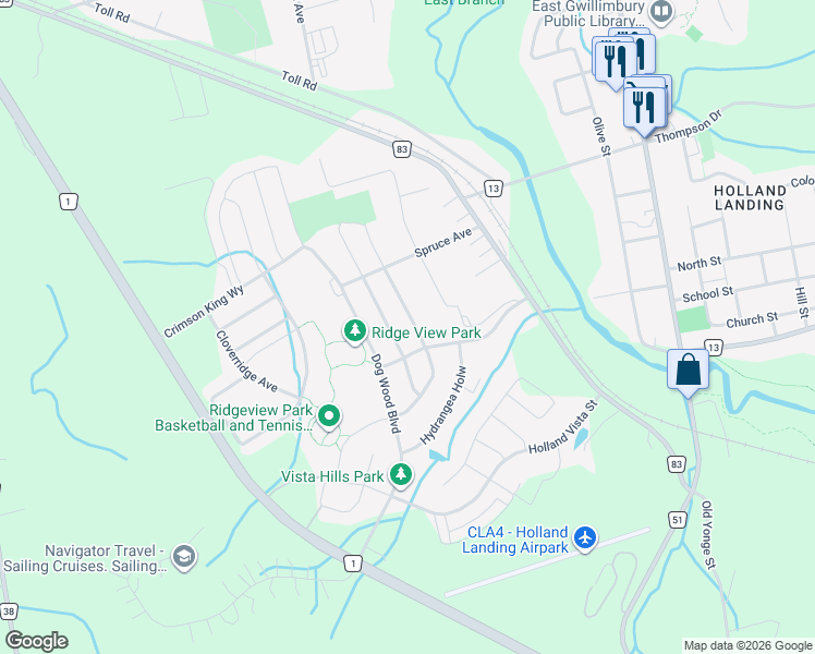 map of restaurants, bars, coffee shops, grocery stores, and more near in Holland Landing