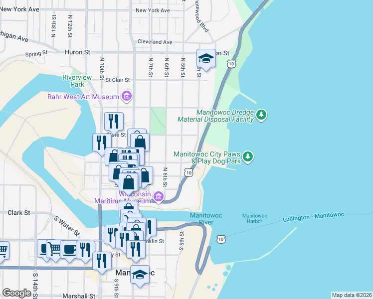 map of restaurants, bars, coffee shops, grocery stores, and more near 408 North Lake Street in Manitowoc