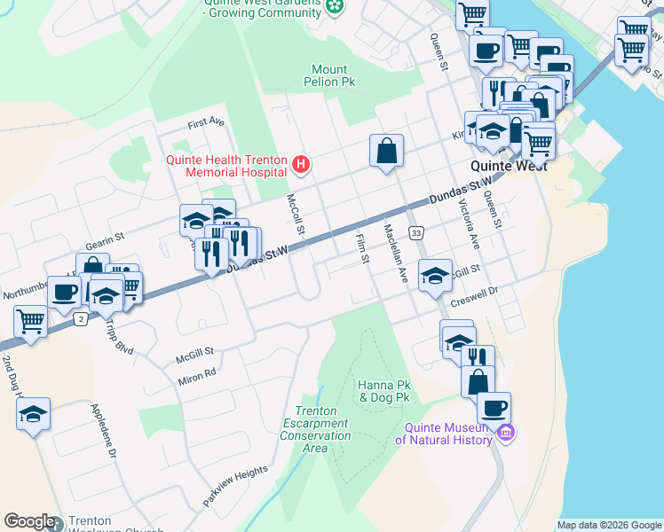 map of restaurants, bars, coffee shops, grocery stores, and more near 16 Sutcliffe Boulevard in Quinte West