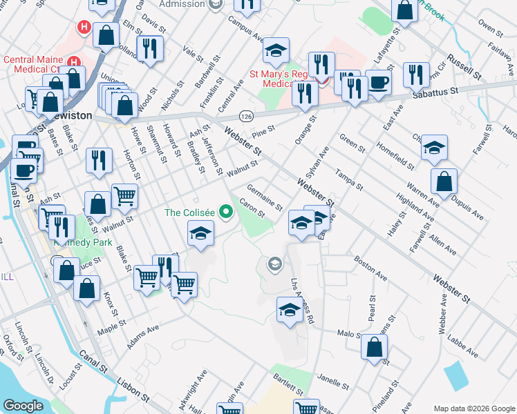map of restaurants, bars, coffee shops, grocery stores, and more near 35 Dove Lane in Lewiston