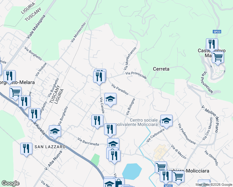 map of restaurants, bars, coffee shops, grocery stores, and more near 1A Via Paradiso in Colombiera-molicciara