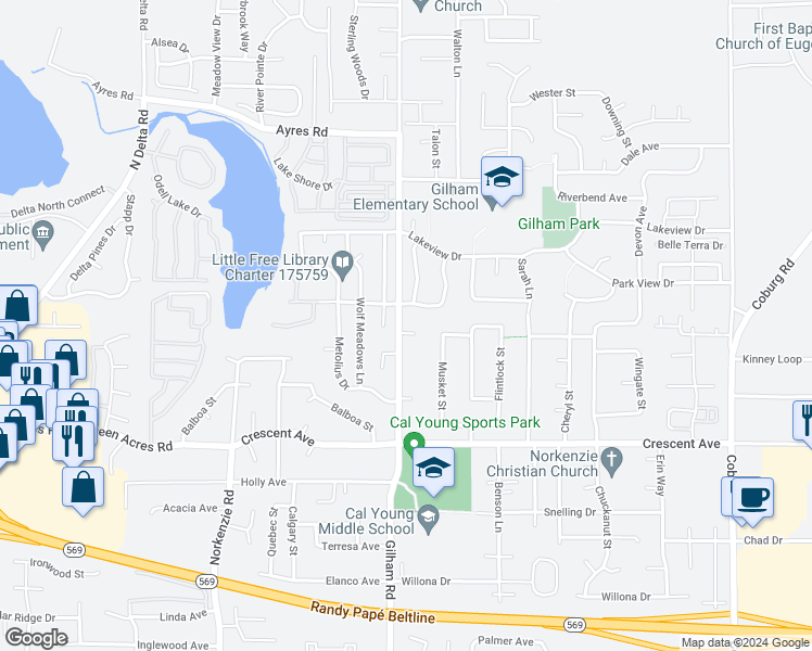 map of restaurants, bars, coffee shops, grocery stores, and more near 2993 Gilham Road in Eugene