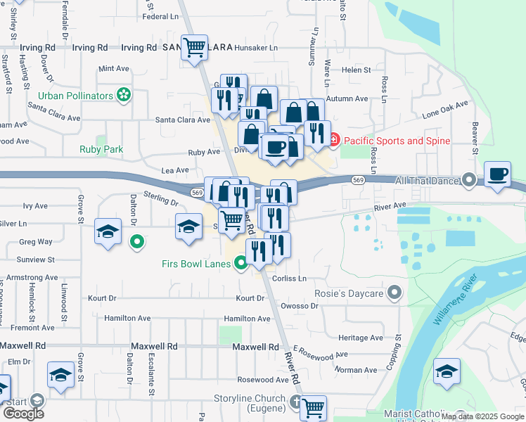 map of restaurants, bars, coffee shops, grocery stores, and more near Randy Pape Beltline in Eugene