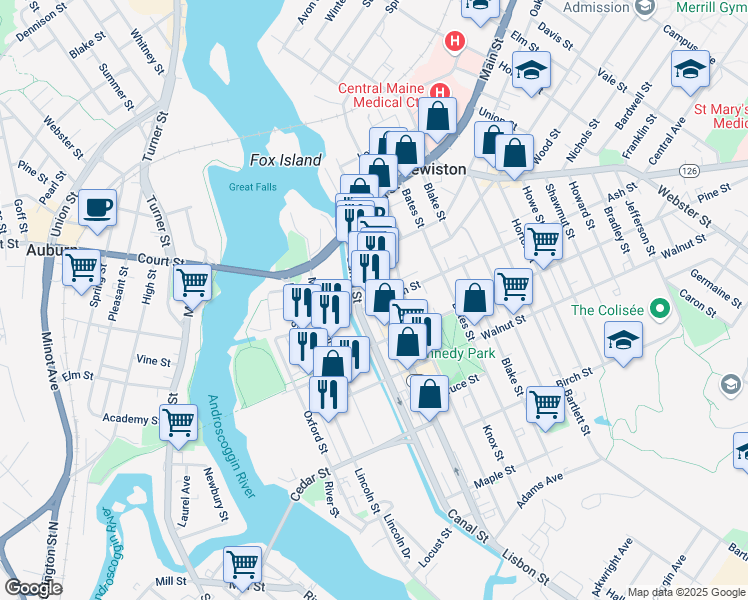 map of restaurants, bars, coffee shops, grocery stores, and more near 133 Lisbon Street in Lewiston