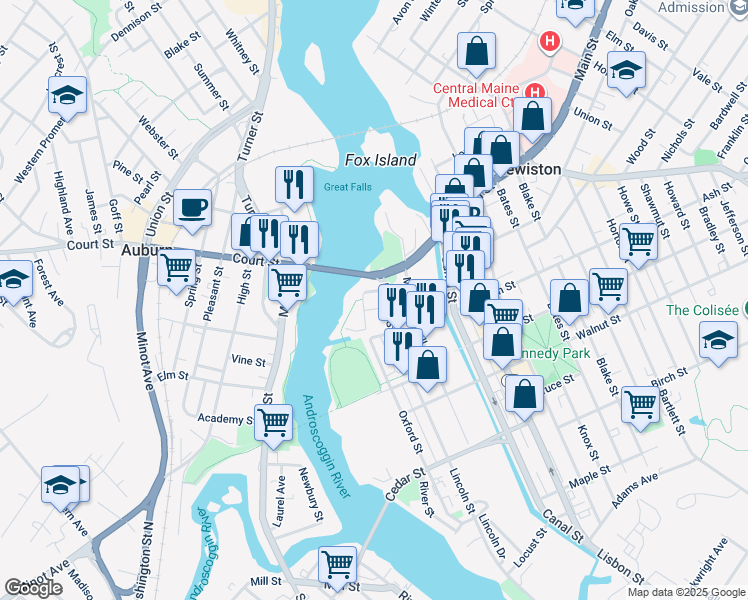 map of restaurants, bars, coffee shops, grocery stores, and more near 15 Lincoln Street in Lewiston