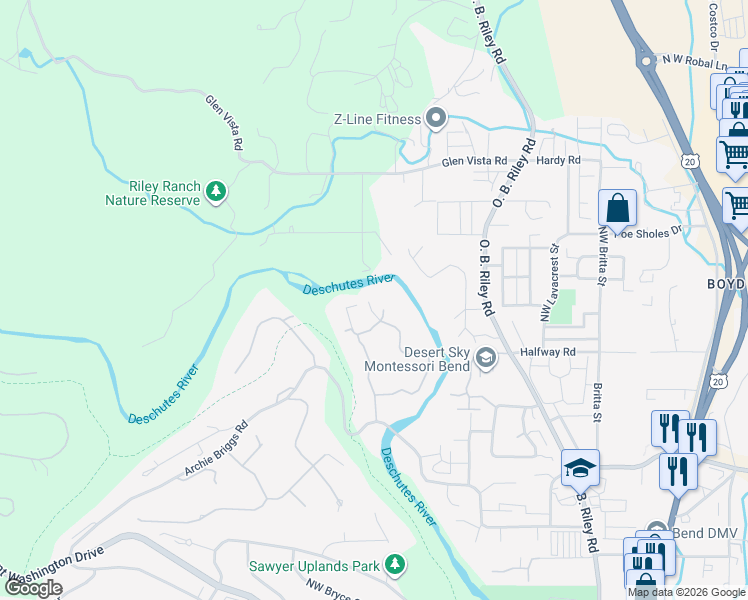 map of restaurants, bars, coffee shops, grocery stores, and more near 63270 South Road in Bend