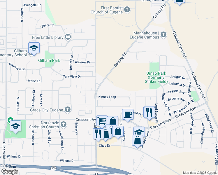 map of restaurants, bars, coffee shops, grocery stores, and more near 2951 Coburg Road in Eugene