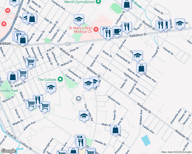 map of restaurants, bars, coffee shops, grocery stores, and more near 182 Webster Street in Lewiston