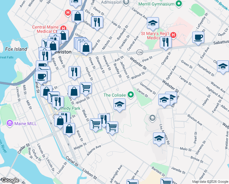 map of restaurants, bars, coffee shops, grocery stores, and more near 106 Walnut Street in Lewiston