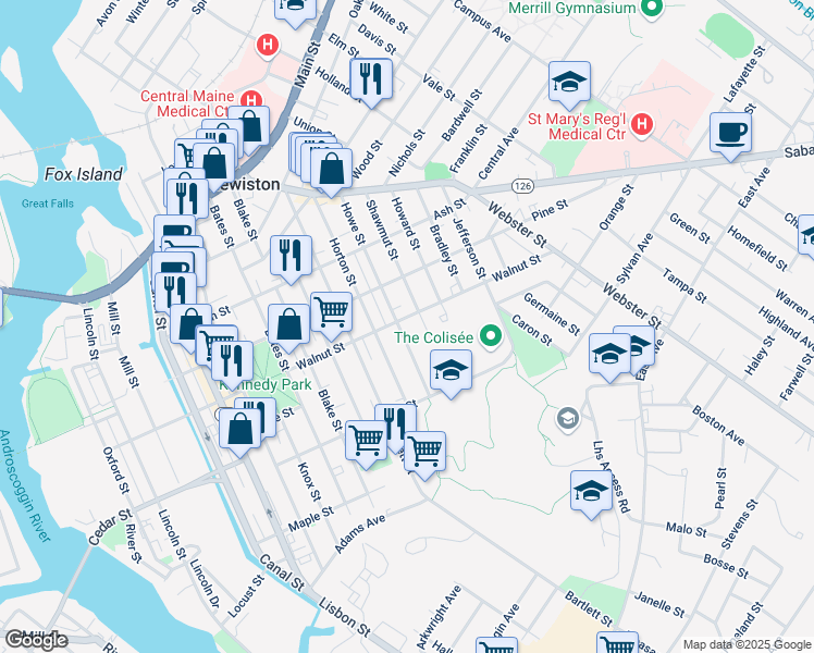 map of restaurants, bars, coffee shops, grocery stores, and more near 92 Howe Street in Lewiston