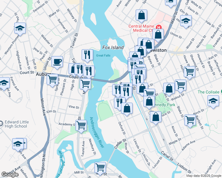 map of restaurants, bars, coffee shops, grocery stores, and more near 15 Lincoln Street in Lewiston