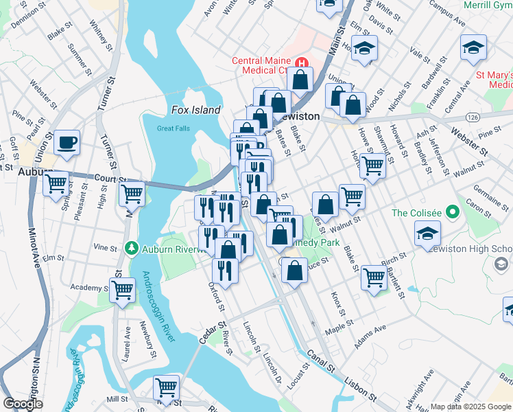 map of restaurants, bars, coffee shops, grocery stores, and more near 133 Lisbon Street in Lewiston