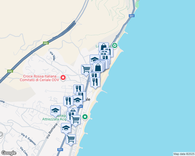 map of restaurants, bars, coffee shops, grocery stores, and more near 36 Lungo Mare A. Diaz in Ceriale