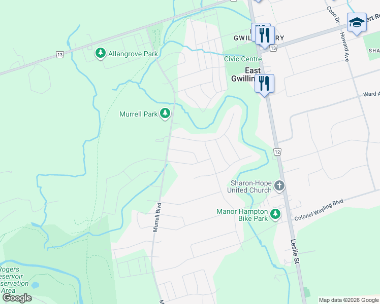 map of restaurants, bars, coffee shops, grocery stores, and more near Foxberry Road in East Gwillimbury