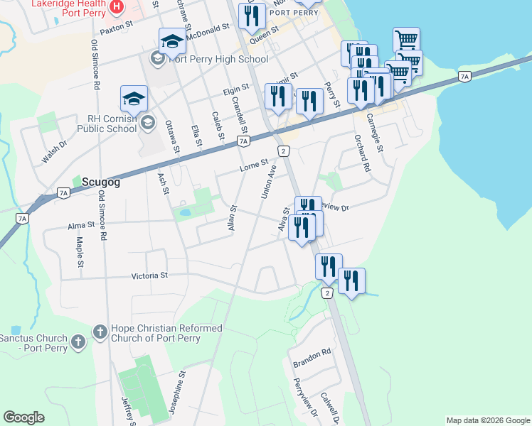 map of restaurants, bars, coffee shops, grocery stores, and more near 100 Union Avenue in Port Perry