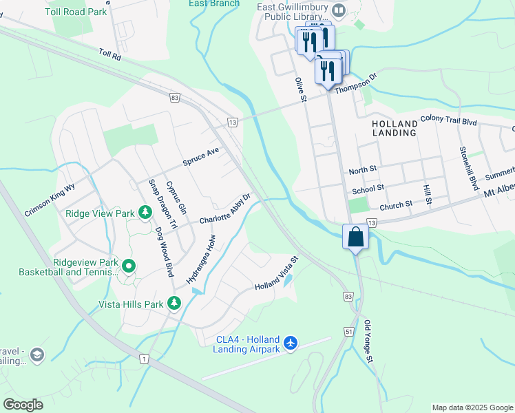 map of restaurants, bars, coffee shops, grocery stores, and more near 19214 Holland Landing Road in East Gwillimbury