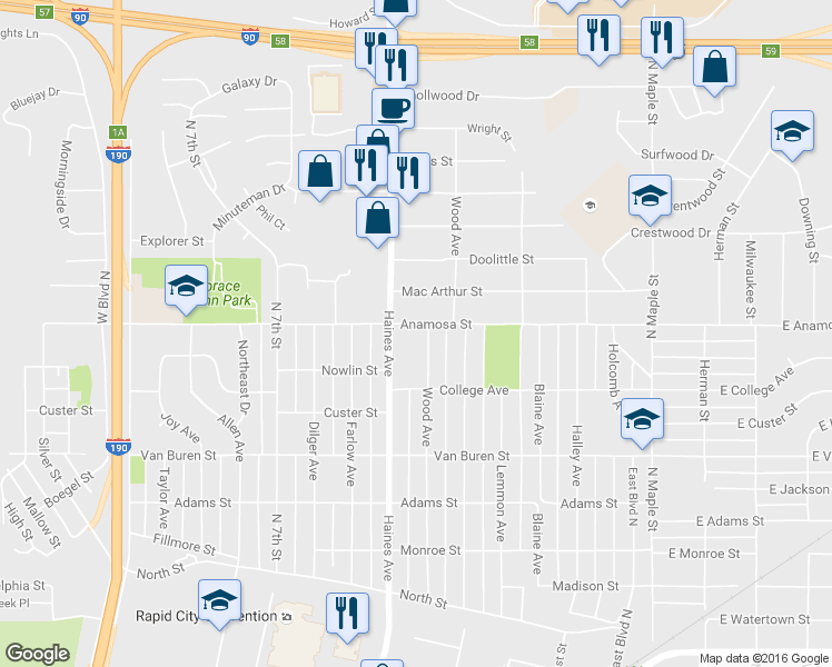 map of restaurants, bars, coffee shops, grocery stores, and more near 408 Anamosa Street in Rapid City