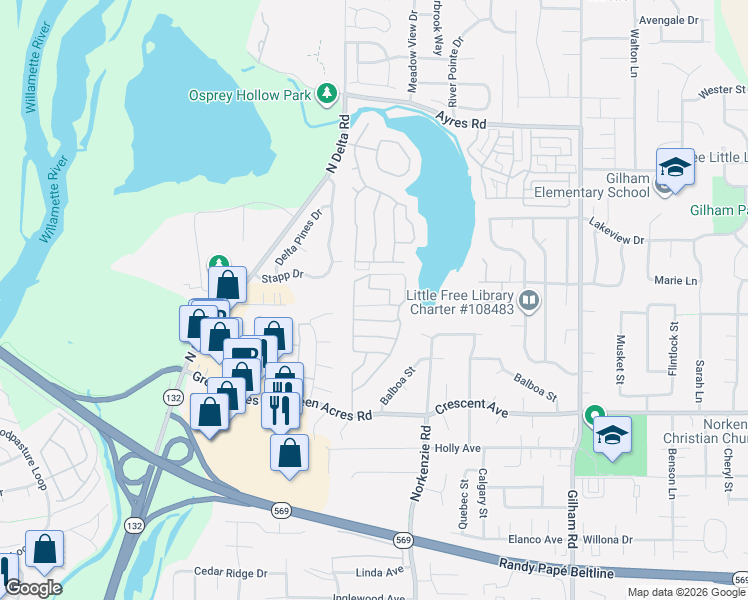 map of restaurants, bars, coffee shops, grocery stores, and more near Crater Lake Drive in Eugene