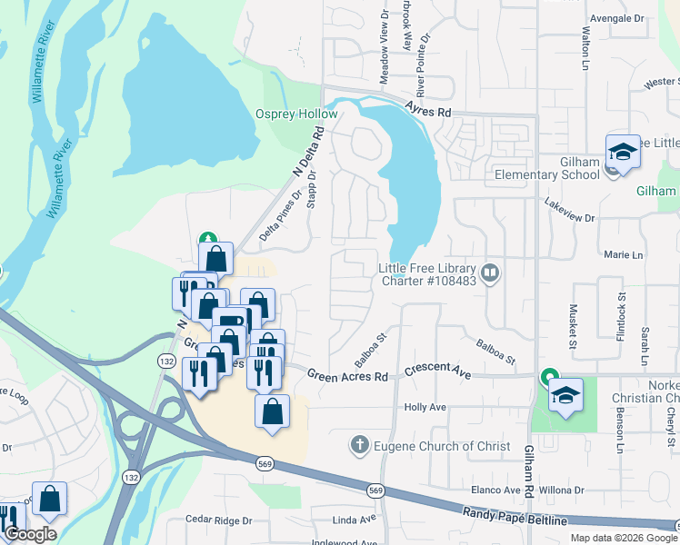 map of restaurants, bars, coffee shops, grocery stores, and more near Crater Lake Drive in Eugene