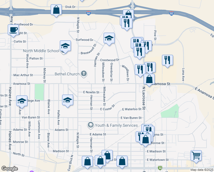 map of restaurants, bars, coffee shops, grocery stores, and more near 1132 Milwaukee Street in Rapid City