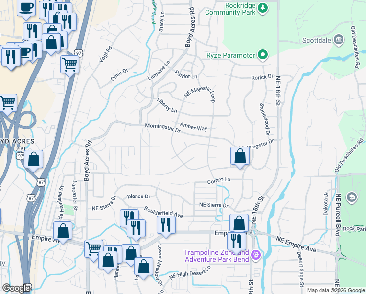 map of restaurants, bars, coffee shops, grocery stores, and more near 63251 Gallop Court in Bend