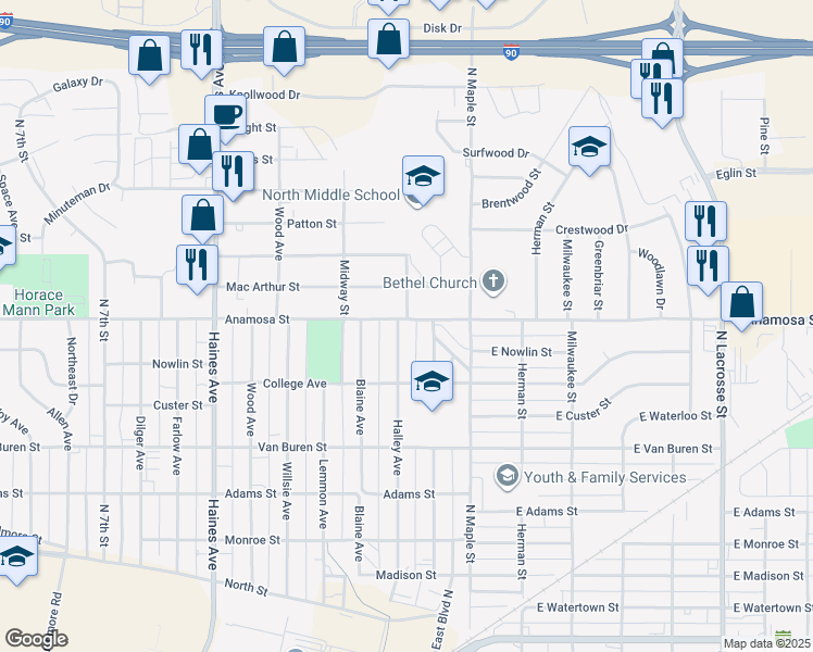 map of restaurants, bars, coffee shops, grocery stores, and more near 1132 Halley Avenue in Rapid City