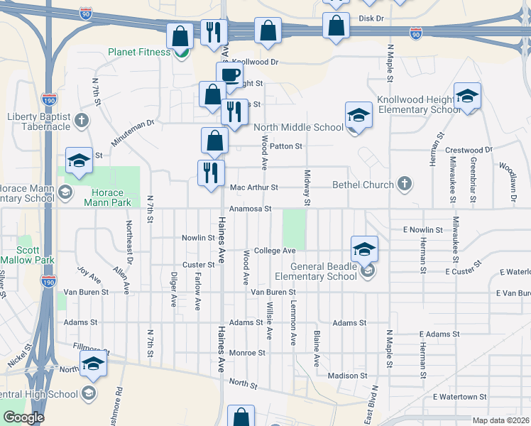 map of restaurants, bars, coffee shops, grocery stores, and more near 1133 Willsie Avenue in Rapid City