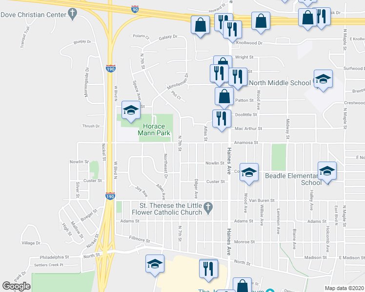 map of restaurants, bars, coffee shops, grocery stores, and more near 1128 North 7th Street in Rapid City