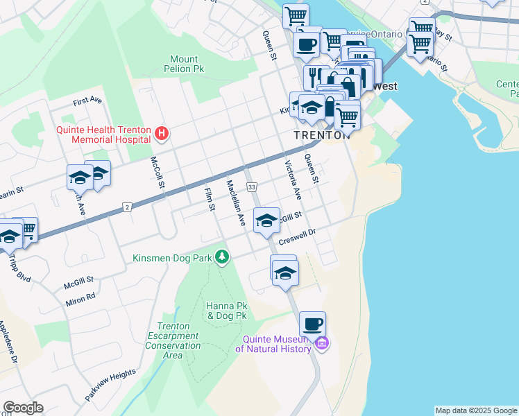 map of restaurants, bars, coffee shops, grocery stores, and more near 231 Dufferin Avenue in Quinte West