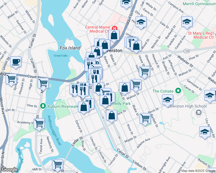 map of restaurants, bars, coffee shops, grocery stores, and more near 49 Ash Street in Lewiston