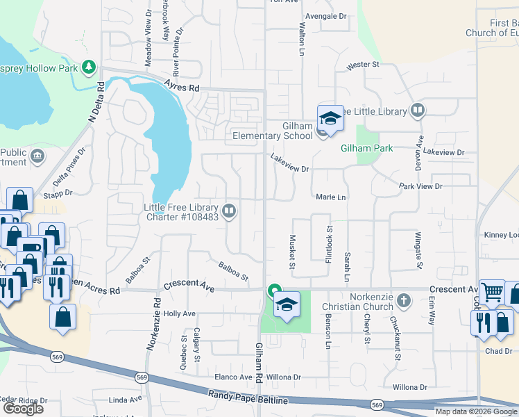map of restaurants, bars, coffee shops, grocery stores, and more near 3065 Powder River Drive in Eugene