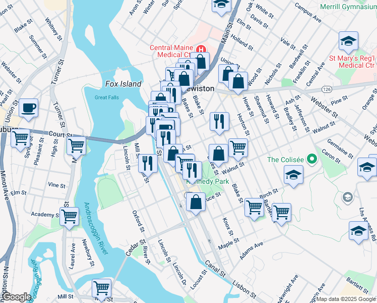 map of restaurants, bars, coffee shops, grocery stores, and more near 49 Ash Street in Lewiston