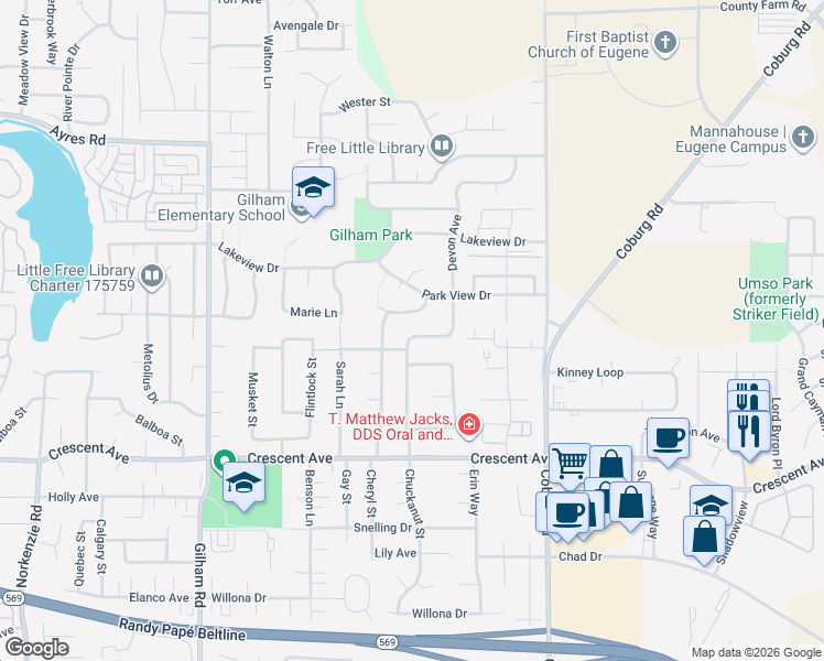 map of restaurants, bars, coffee shops, grocery stores, and more near 2330 Park Grove Lane in Eugene