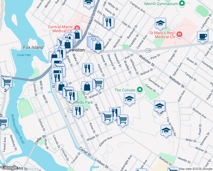 map of restaurants, bars, coffee shops, grocery stores, and more near 123 Pine Street in Lewiston
