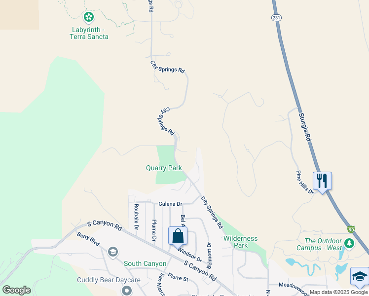 map of restaurants, bars, coffee shops, grocery stores, and more near 1220 City Springs Road in Rapid City