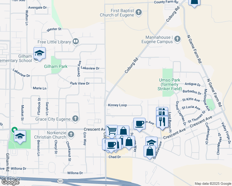 map of restaurants, bars, coffee shops, grocery stores, and more near 2951 Coburg Road in Eugene