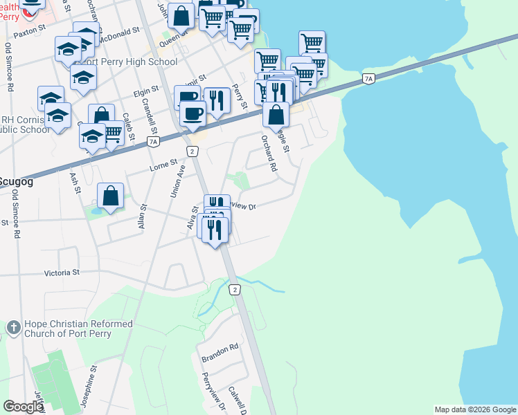 map of restaurants, bars, coffee shops, grocery stores, and more near 29 Lakeview Drive in Scugog