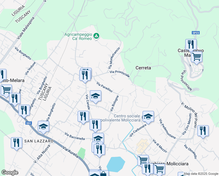 map of restaurants, bars, coffee shops, grocery stores, and more near 5 Via Paradiso in Colombiera-Molicciara