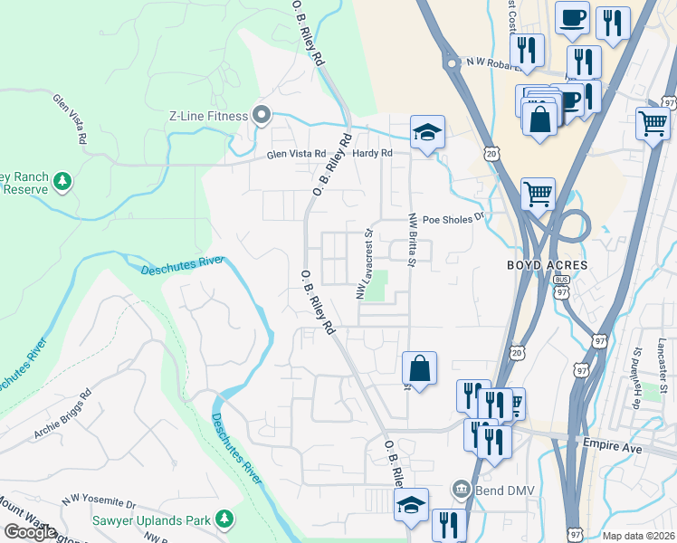 map of restaurants, bars, coffee shops, grocery stores, and more near 63266 Northwest Newhall Place in Bend