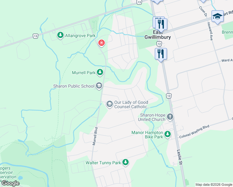 map of restaurants, bars, coffee shops, grocery stores, and more near 38 Foxberry Road in East Gwillimbury