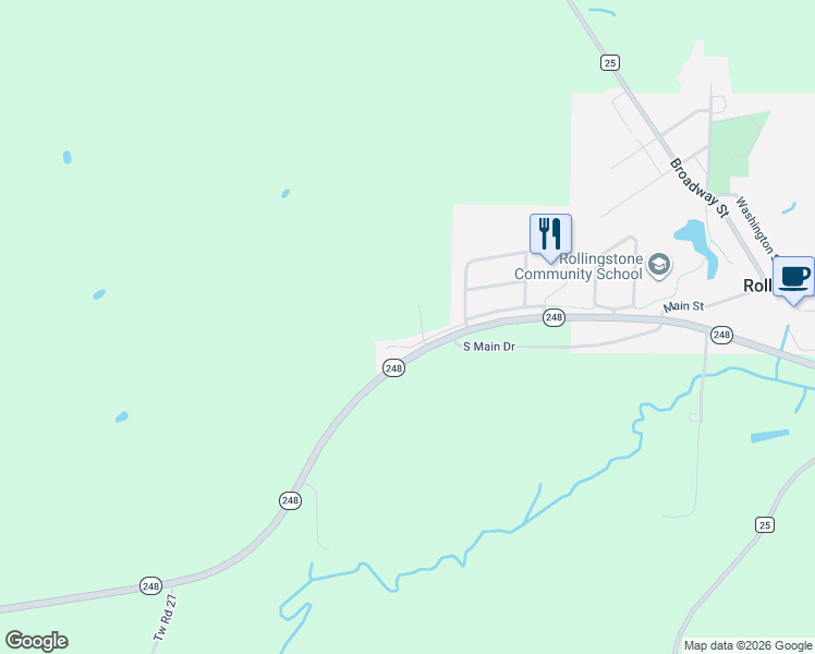 map of restaurants, bars, coffee shops, grocery stores, and more near 22516 Minnesota 248 in Rollingstone