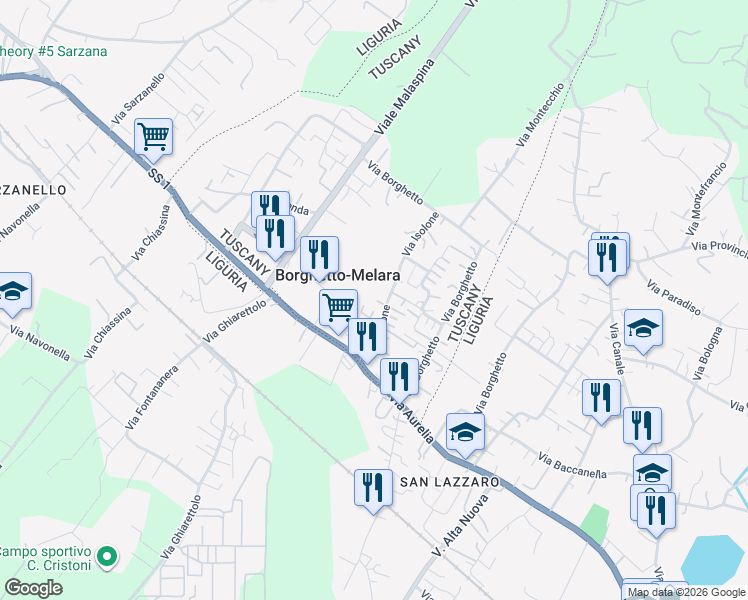 map of restaurants, bars, coffee shops, grocery stores, and more near 53 Via Isolone in Borghetto-melara